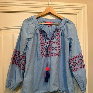 Lilly Pulitzer Chambray Embroidered Boho Chic  Medium Peasant Tunic Tassel Top
